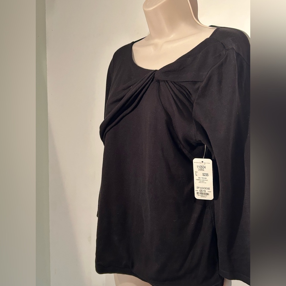 Carlisle Black Twist Front Silk Blend Knit Top Classic Bateau Neckline Sz L NWT